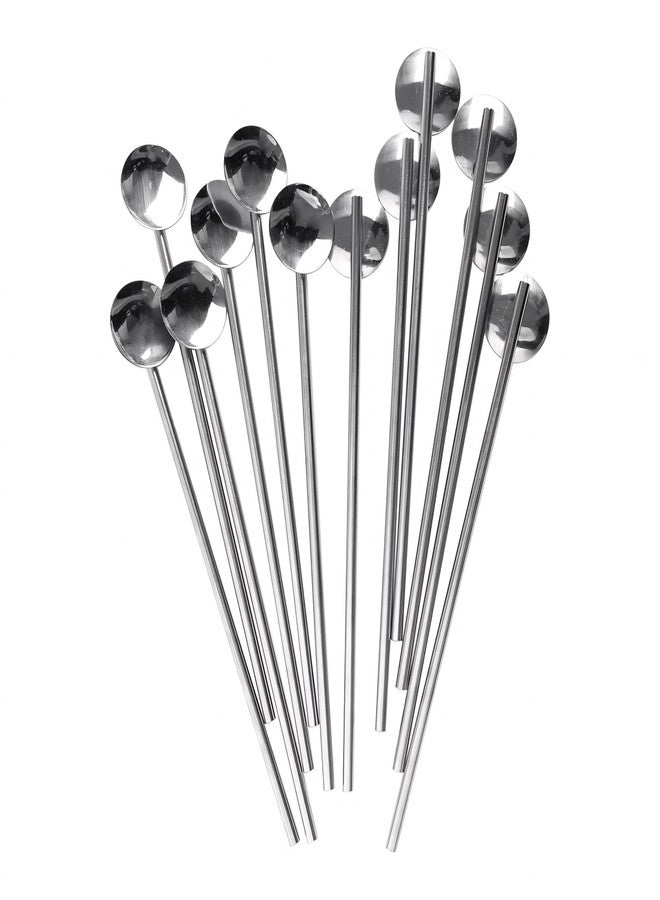 TOPTIE 12 PCS Spoon Straws Stirrer Stainless Steel Drinking Straw Reusable Cocktail Spoons-Silver - Image 2